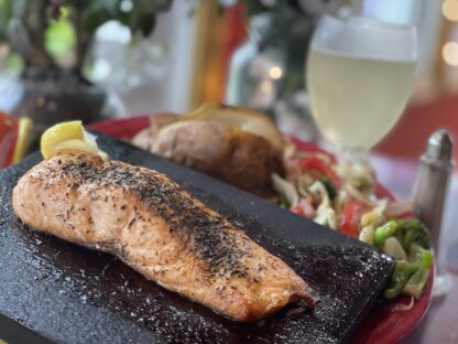 Broiled Salmon on a Cedar Plank with Baked Potato and House Vegetable